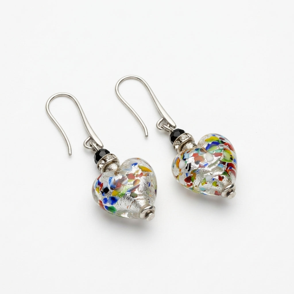 Multi Color And Silver Leaf Murano Glass Heart Hook Earrings