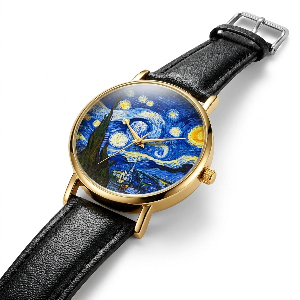 Starry Night Gold Watch with Black Strap