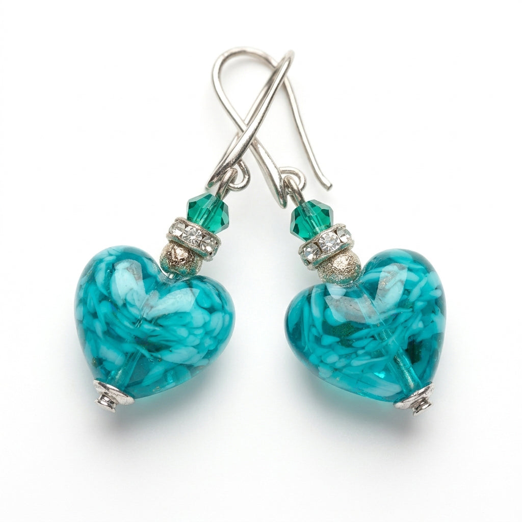 Green Murano Glass Heart Hook Earrings