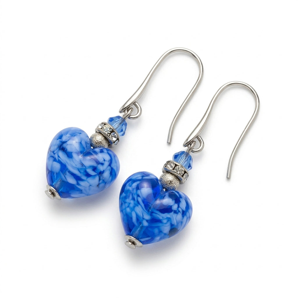 Deep Blue Murano Glass Heart Hook Earrings