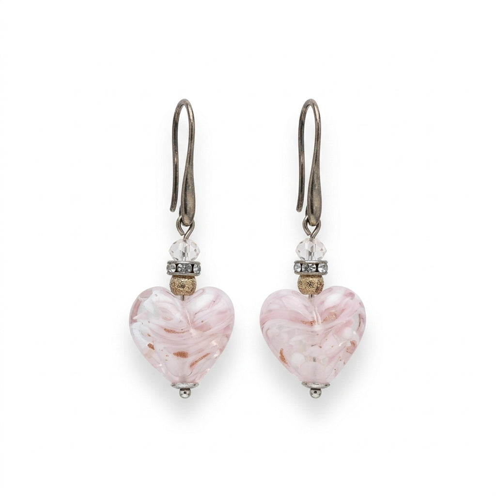 Rose Murano Glass Heart Hook Earrings