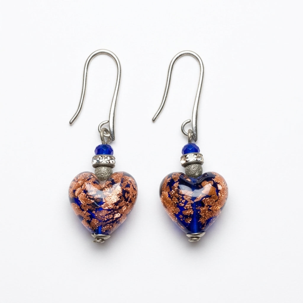 Midnight Gold Leaf Handmade Murano Heart Hook Earrings