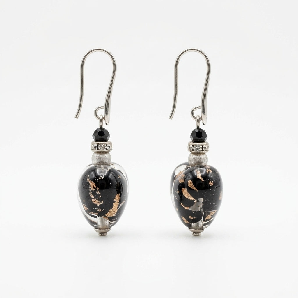 Black Murano Glass Heart Hook Earrings