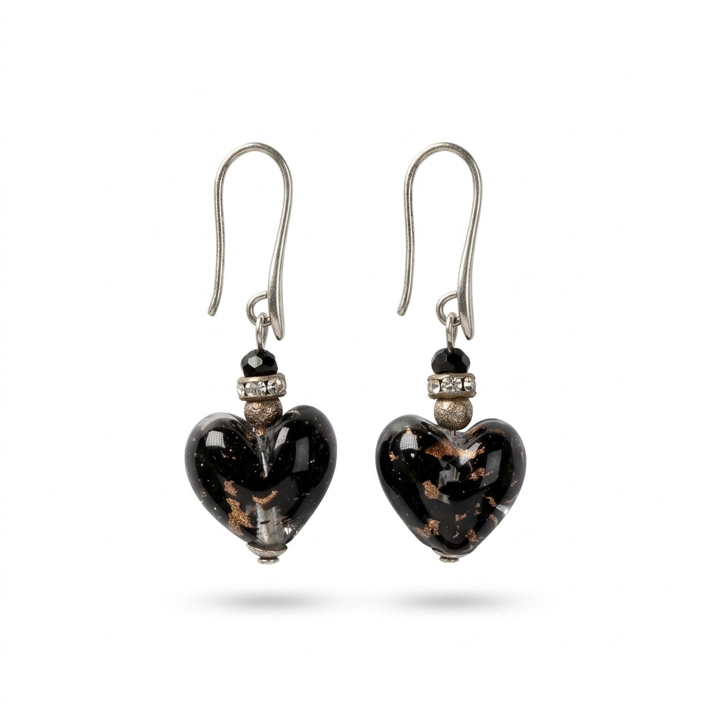 Black Murano Glass Heart Hook Earrings