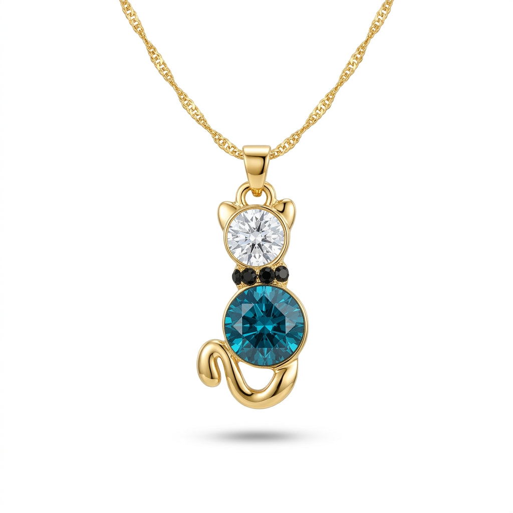 Pave Crystal Cat Pendant with Aquamarine