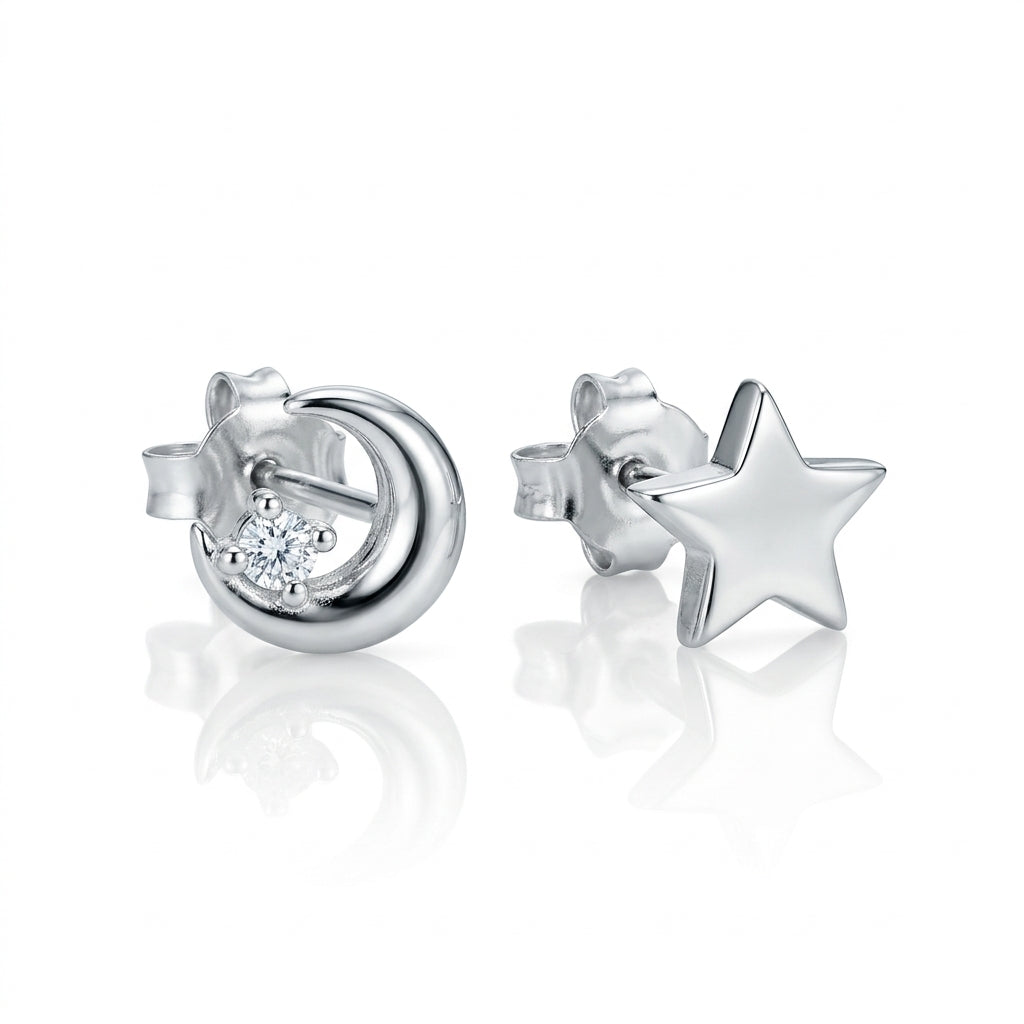 Star and Moon 925 Sterling Silver Stud Earrings