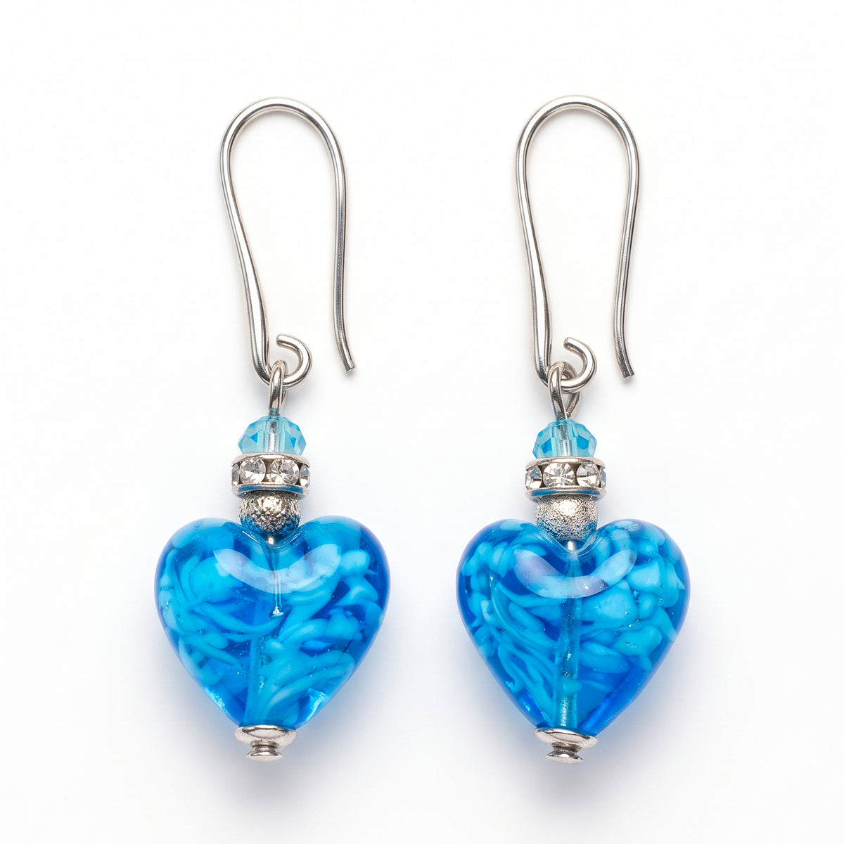 Vibrant Blue Murano Glass Heart Hook Earrings