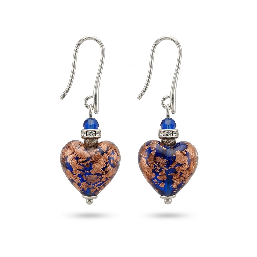 Midnight Gold Leaf Handmade Murano Heart Hook Earrings