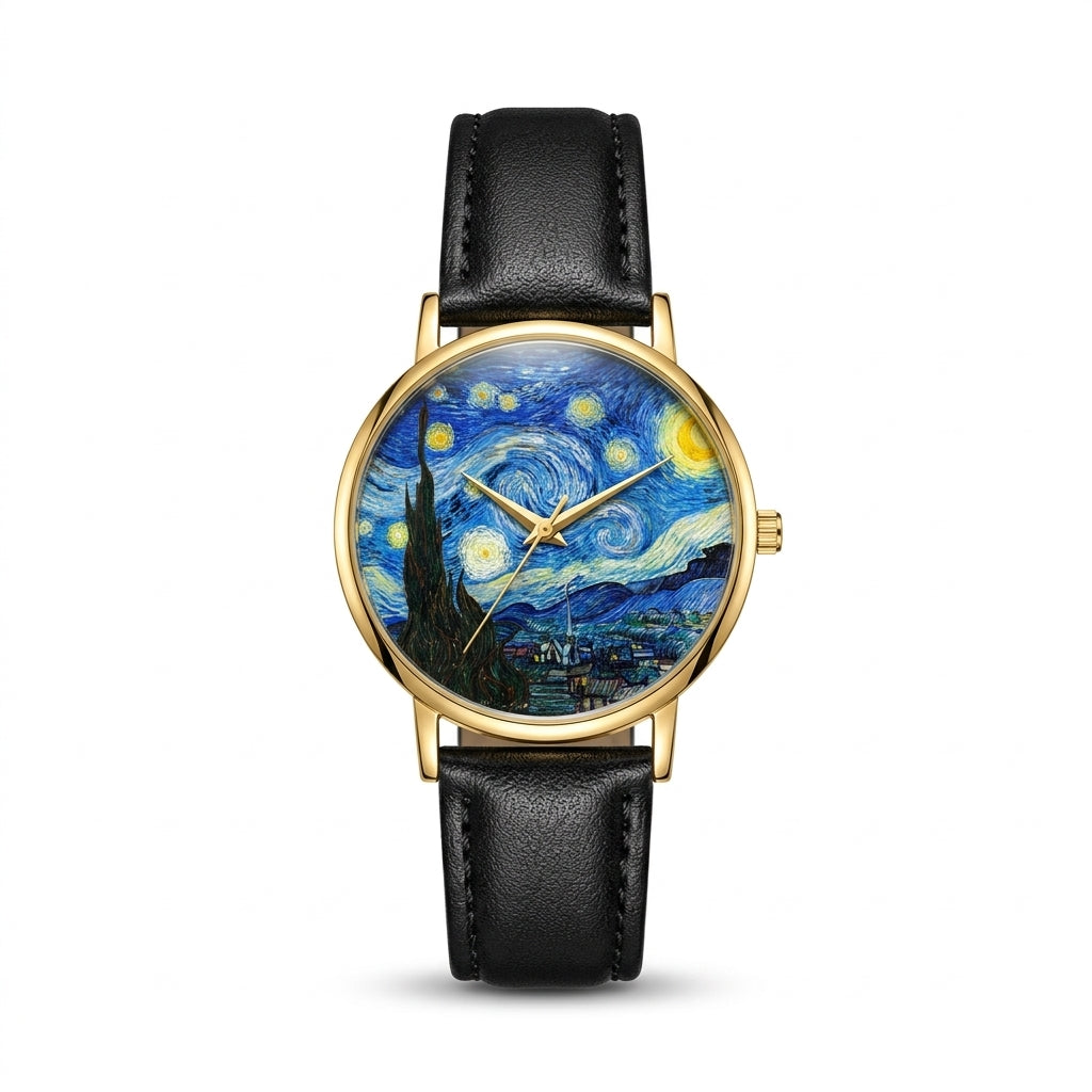 Starry Night Gold Watch with Black Strap