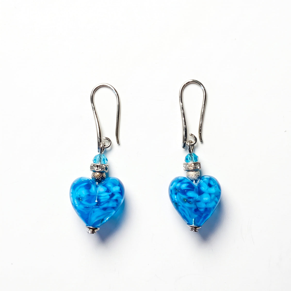 Vibrant Blue Murano Glass Heart Hook Earrings