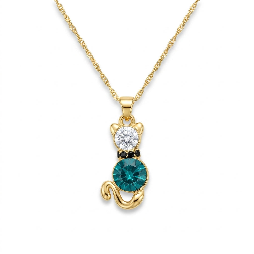 Pave Crystal Cat Pendant with Aquamarine