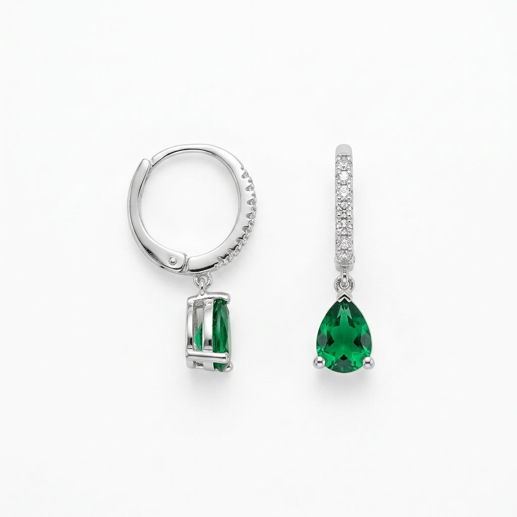 Emerald Pear Cut Drop Huggie Hoop Earrings