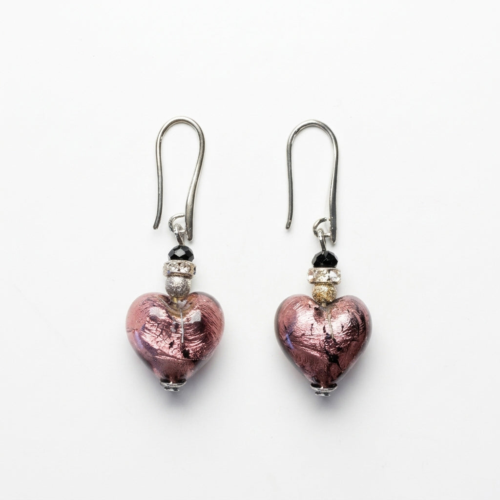 Amethyst and Silver Leaf Murano Glass Heart Hook Earrings