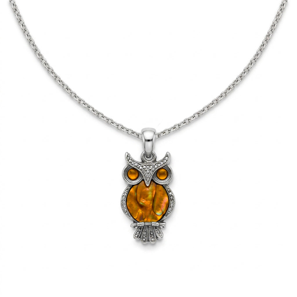 Owl Orange Paua Shell Pendant