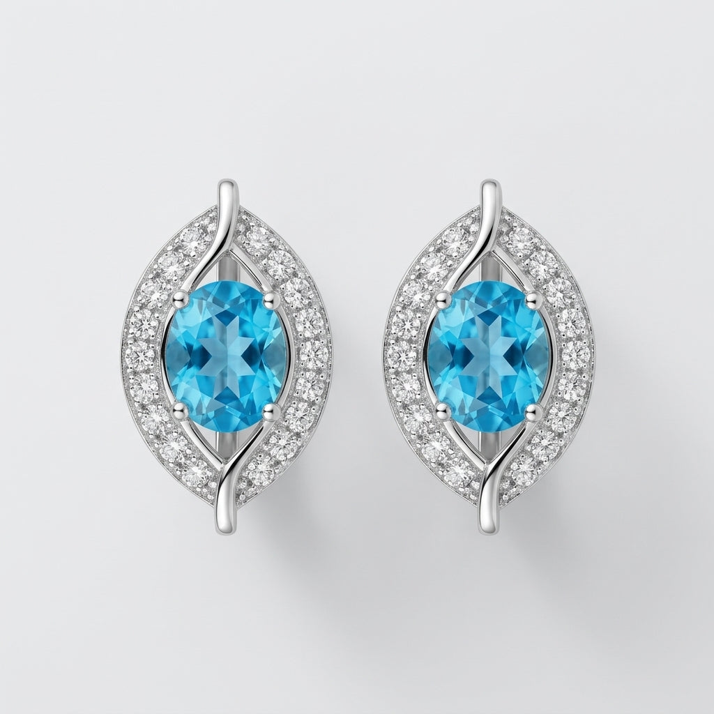 Swiss Blue Topaz Halo Lever Back Earrings