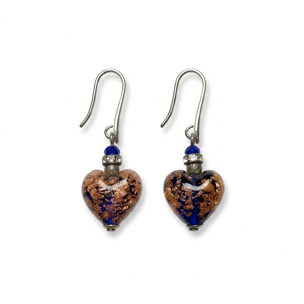 Midnight Gold Leaf Handmade Murano Heart Hook Earrings