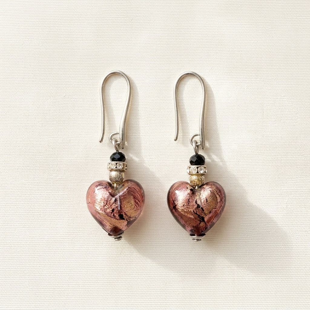 Amethyst and Silver Leaf Murano Glass Heart Hook Earrings