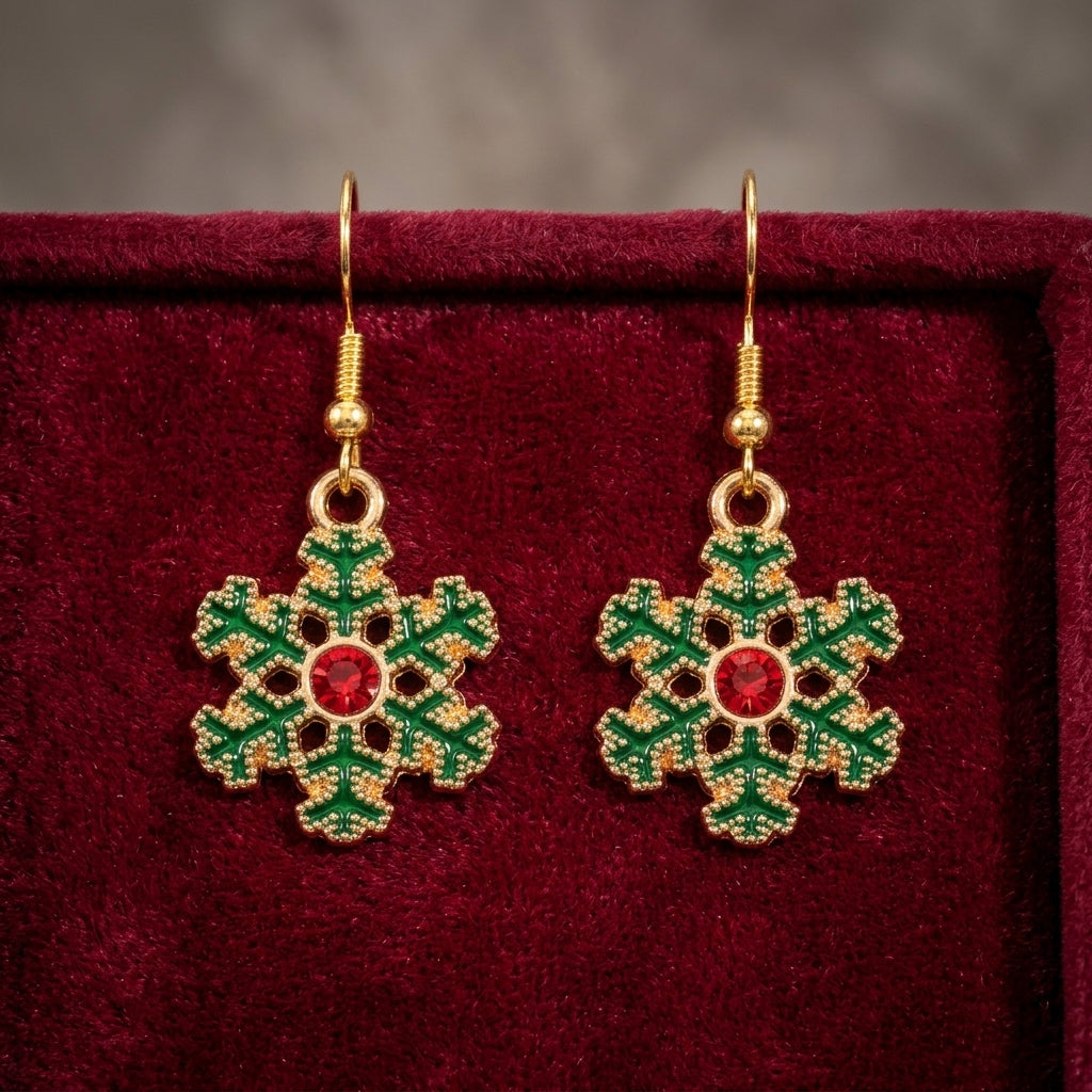 Red Cubic Zirconia Snowflake Hook Earrings