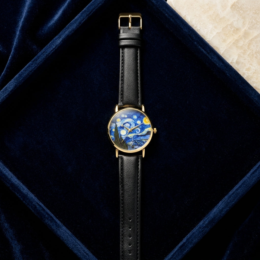 Starry Night Gold Watch with Black Strap