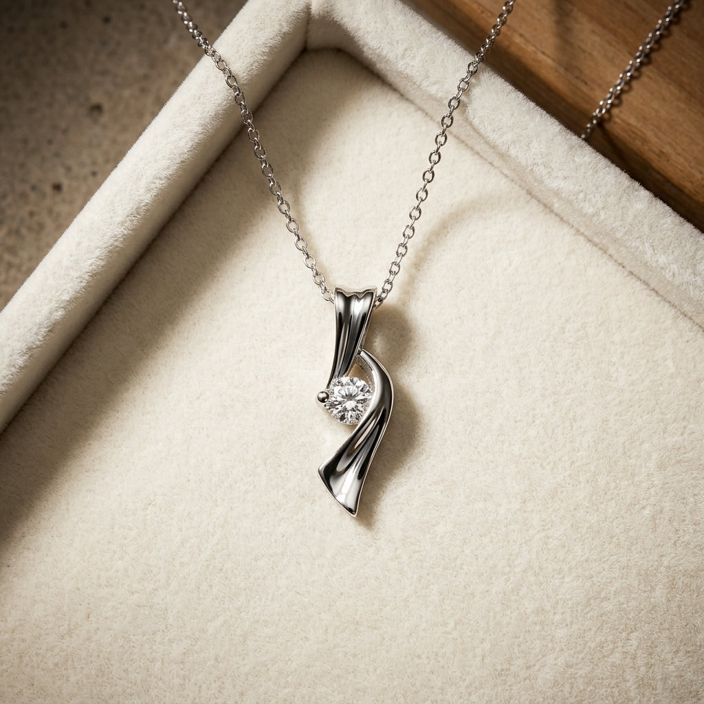 Platinum Plated CZ Ribbon Pendant