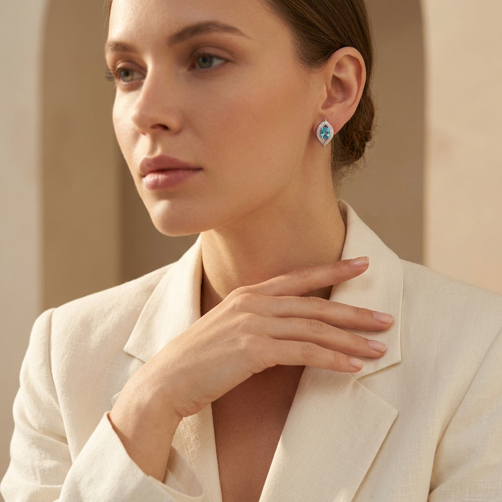 Swiss Blue Topaz Halo Lever Back Earrings
