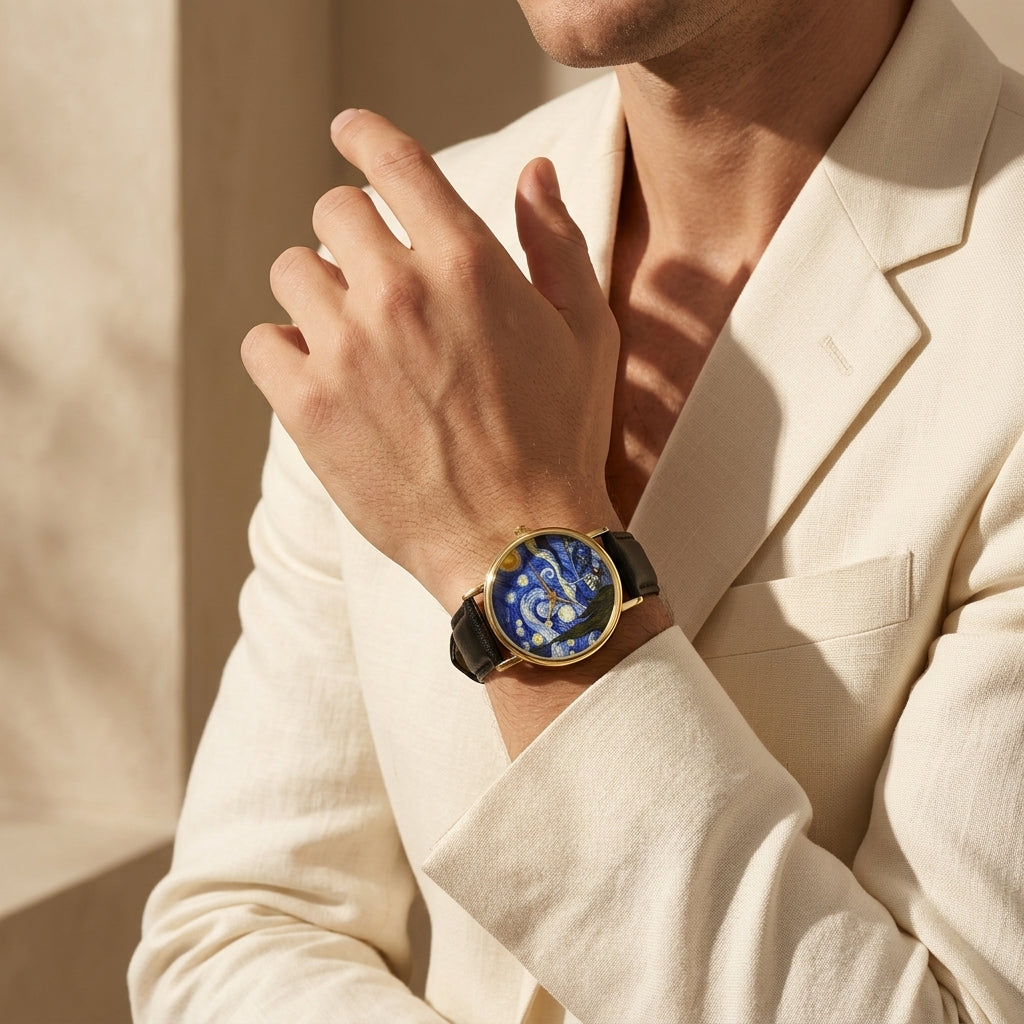 Starry Night Gold Watch with Black Strap