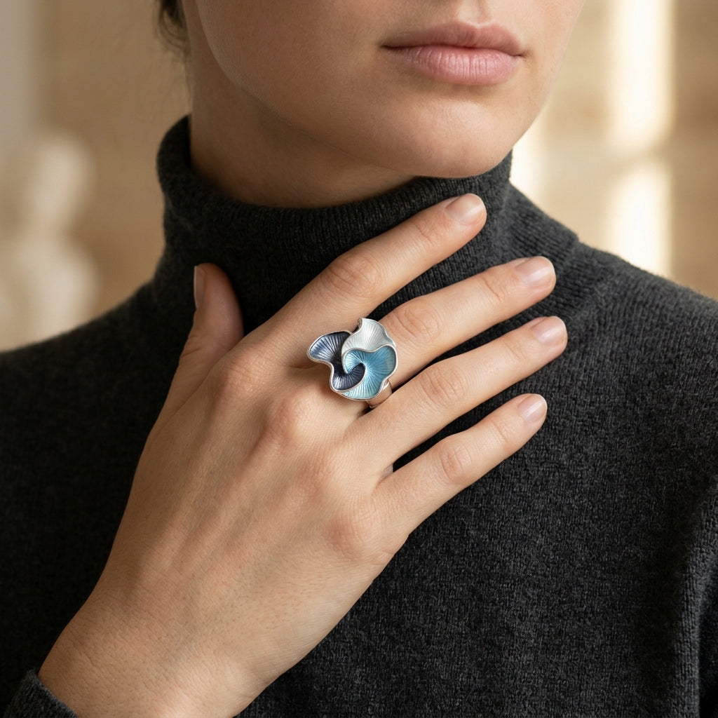 Tri-Petal Floral Stretch Ring - Blue Tones