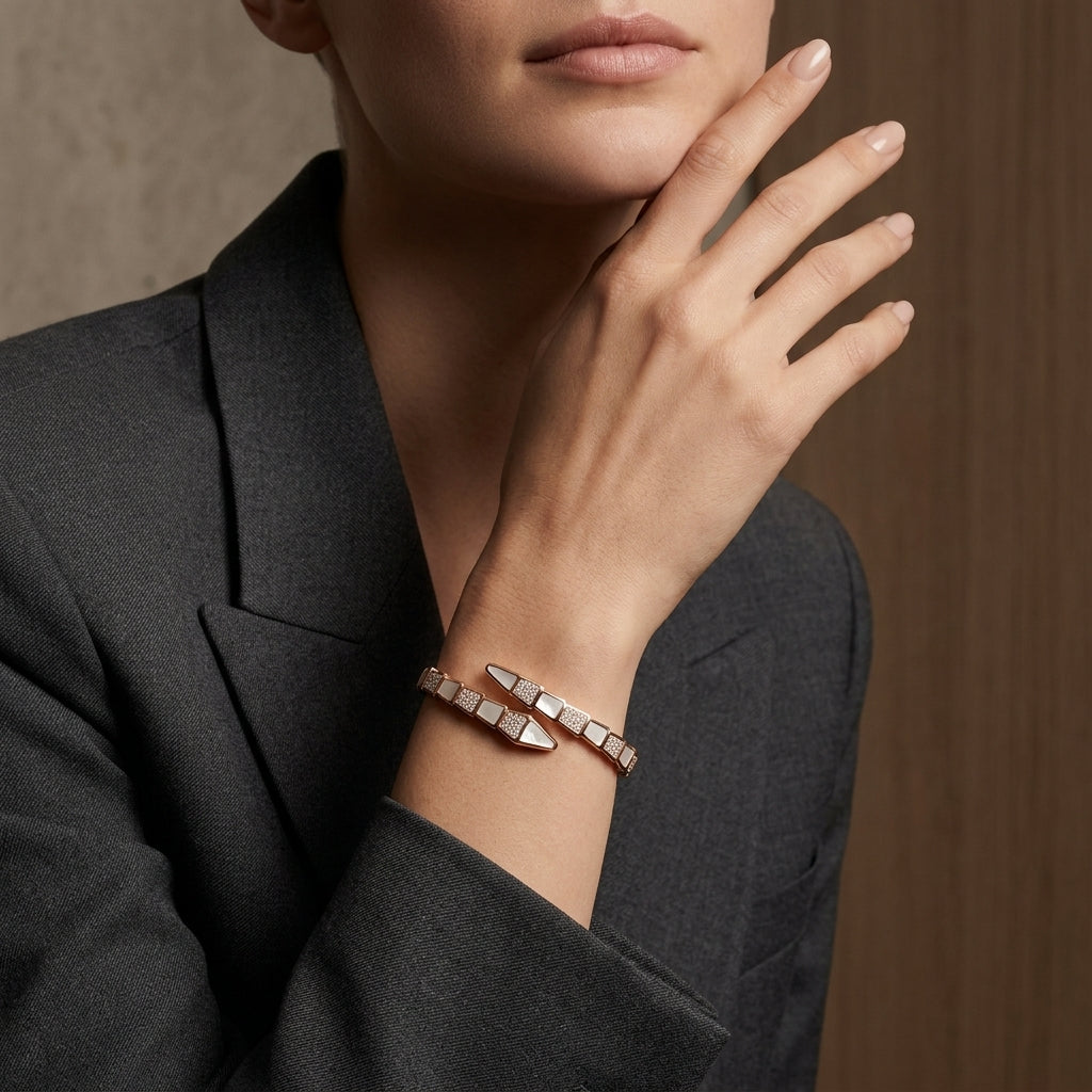 Mother of Pearl Snake Bangle Rose Gold
