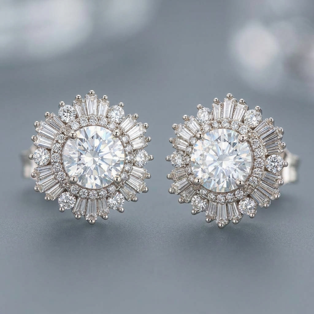 Cubic Zirconia Sunburst Cluster Stud Earrings
